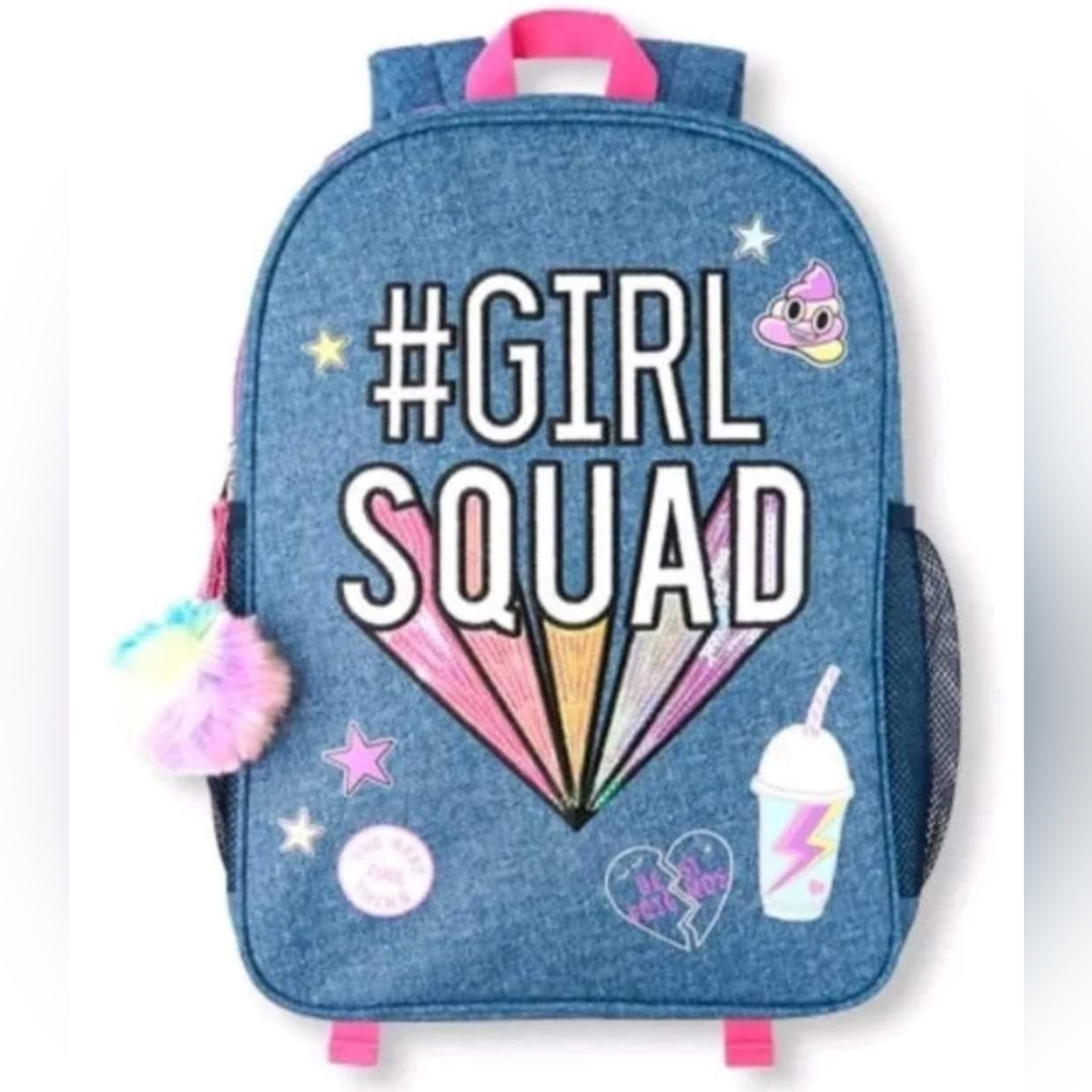 Childrens Place Girls 'Hashtag Girl Squad' Denim Backpack with pencil pouch
